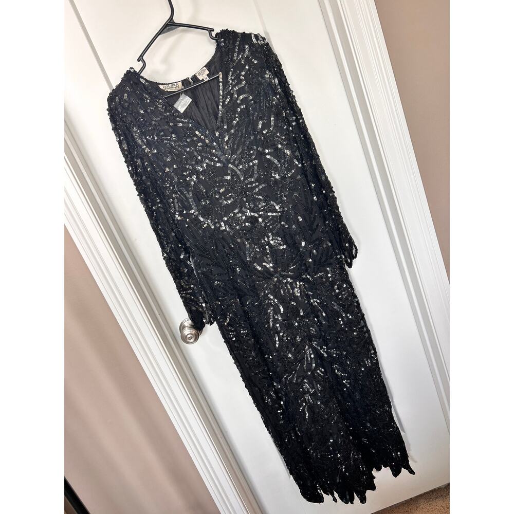 Vintage O.R. Silk Fashions LTD Sequin Covered Silk Dress Jagged Hem Black Medium
